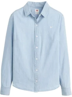 Chemisier denim en coton bleu ciel uni à coupe droite avec le logo brodé