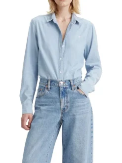 Chemisier denim en coton bleu ciel uni à coupe droite avec le logo brodé