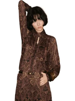 Chemisier effet blouse marron coupe ample orné d'un imprimé cachemire