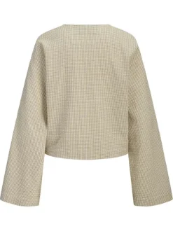 Chemisier en coton beige pourvu d'un motif à carreaux et de manches longues