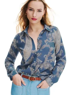Chemisier en coton biologique bleu floral avec une coupe droite