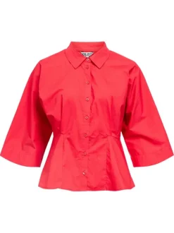 Chemisier en coton biologique rouge uni pourvu d'une coupe cintrée