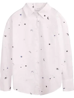 Chemisier en coton blanc à motifs minimalistes brodés et à coupe droite