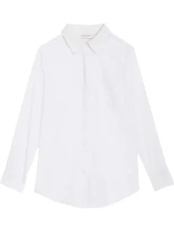 Chemisier en coton blanc uni à coupe droite avec col à revers et 1 poche