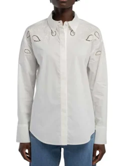 Chemisier en coton blanc uni à coupe droite avec de la broderie ajourée