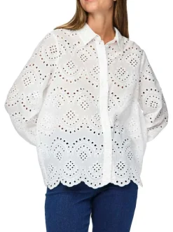 Chemisier en coton blanc uni à dentelle avec une coupe droite et un col à revers