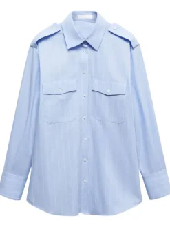 Chemisier en coton bleu à rayures blanches avec coupe droite et col français