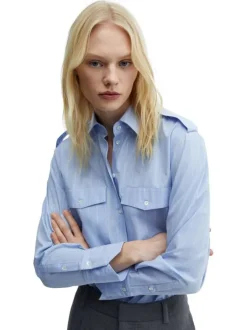 Chemisier en coton bleu à rayures blanches avec coupe droite et col français