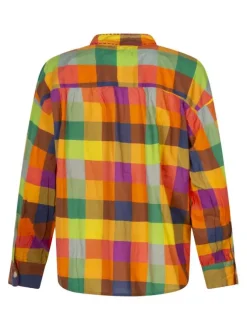 Chemisier en coton à carreaux multicolores avec une coupe large et un col Mao