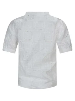 Chemisier en coton écru brodé avec un col v et une coupe droite