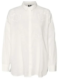 Chemisier en coton écru uni avec broderie à coupe droite et col français