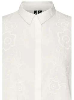 Chemisier en coton écru uni avec broderie à coupe droite et col français