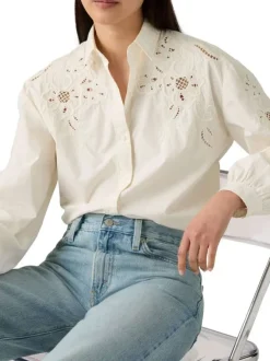 Chemisier en coton écru uni avec un col chemise et des détails brodés