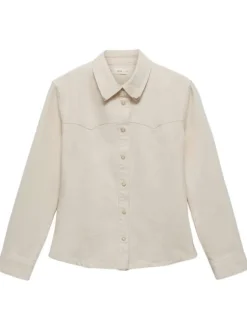 Chemisier en coton écru uni à coupe slim avec col à revers et boutons pression