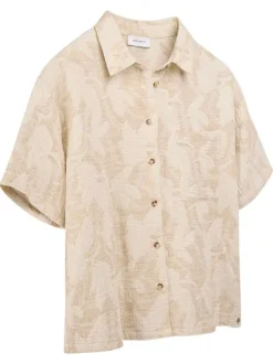 Chemisier en coton et lin mélangé beige à motifs coupe ajustée