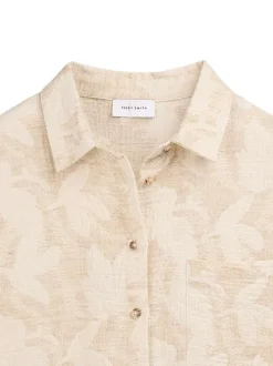 Chemisier en coton et lin mélangé beige à motifs coupe ajustée