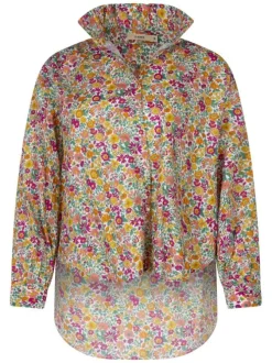 Chemisier en coton fuchsia à motifs avec une coupe droite et un col montant