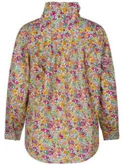 Chemisier en coton fuchsia à motifs avec une coupe droite et un col montant
