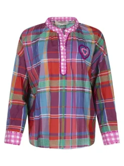 Chemisier en coton motif écossais multicolore avec une coupe large et un col Mao