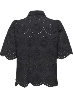 Chemisier en coton noir uni avec une coupe droite et un col à revers