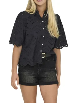 Chemisier en coton noir uni avec une coupe droite et un col à revers