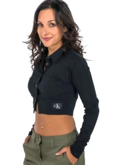 Chemisier en coton noir uni en maille jersey avec des manches longues
