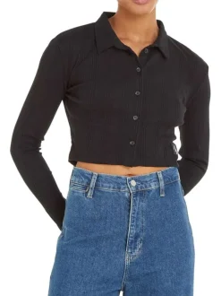 Chemisier en coton noir uni en maille jersey avec des manches longues
