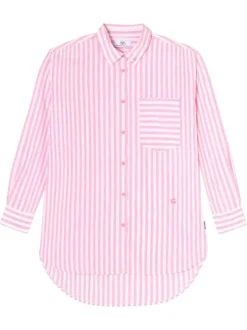 Chemisier en coton rose rayé avec une coupe droite et un col à revers