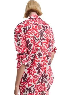 Chemisier en coton rouge imprimé avec une coupe droite et un col chemise