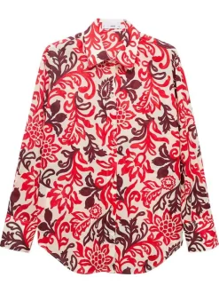 Chemisier en coton rouge imprimé avec une coupe droite et un col chemise