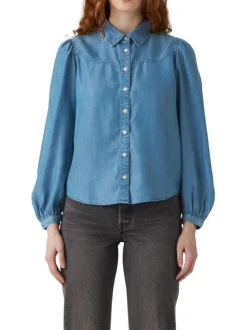 Chemisier jean uni avec un col chemise et des manches amples