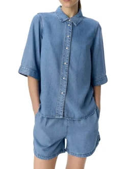 Chemisier à manches courtes amples bleu stone aspect denim à coupe regular fit