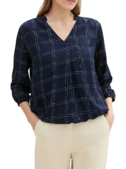 Chemisier marine carreaux en blanc avec une coupe droite et un col v