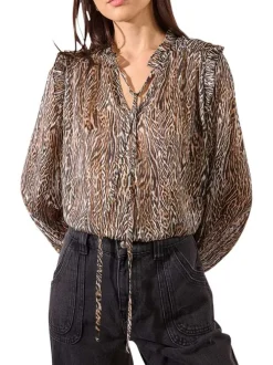 Chemisier marron à motif animalier avec une coupe fluide et un col tunisien