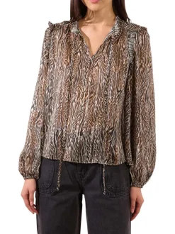 Chemisier marron à motif animalier avec une coupe fluide et un col tunisien