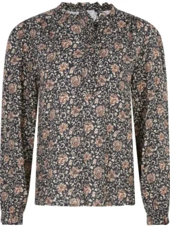 Chemisier noir fleuri avec une coupe ample un col ruffle et des manches longues
