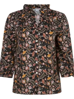 Chemisier noir fleuri avec une coupe ample un col v ruffle et des manche 3/4