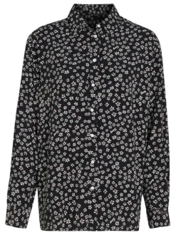 Chemisier noir fleuri coupe droite col français et à manches longues