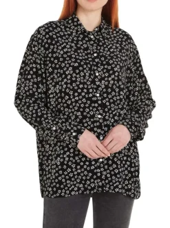 Chemisier noir fleuri coupe droite col français et à manches longues