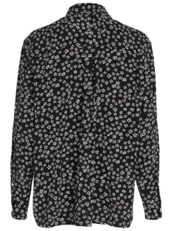 Chemisier noir fleuri coupe droite col français et à manches longues