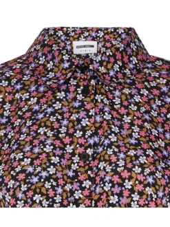 Chemisier noir à motif floral avec une coupe droite et un col français