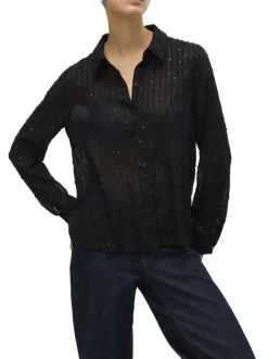 Chemisier noir à motif rayé orné de sequins et incrusté de fils lurex