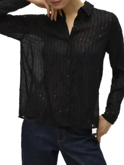 Chemisier noir à motif rayé orné de sequins et incrusté de fils lurex