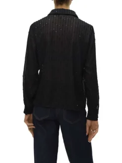 Chemisier noir à motif rayé orné de sequins et incrusté de fils lurex