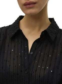 Chemisier noir à motif rayé orné de sequins et incrusté de fils lurex
