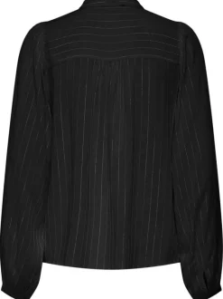Chemisier noir à rayures fines en lurex avec une coupe fluide et un col mao