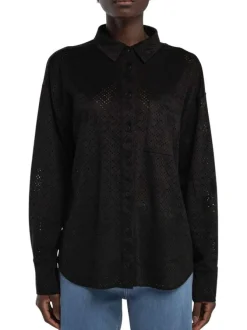Chemisier noir uni aspect daim perforé à coupe droite avec une poche
