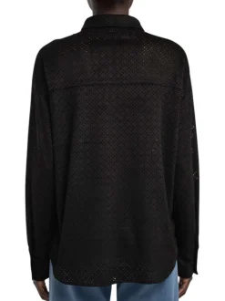 Chemisier noir uni aspect daim perforé à coupe droite avec une poche
