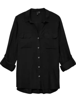 Chemisier noir uni avec un col chemise et des manches longues