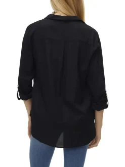 Chemisier noir uni avec un col chemise et des manches longues